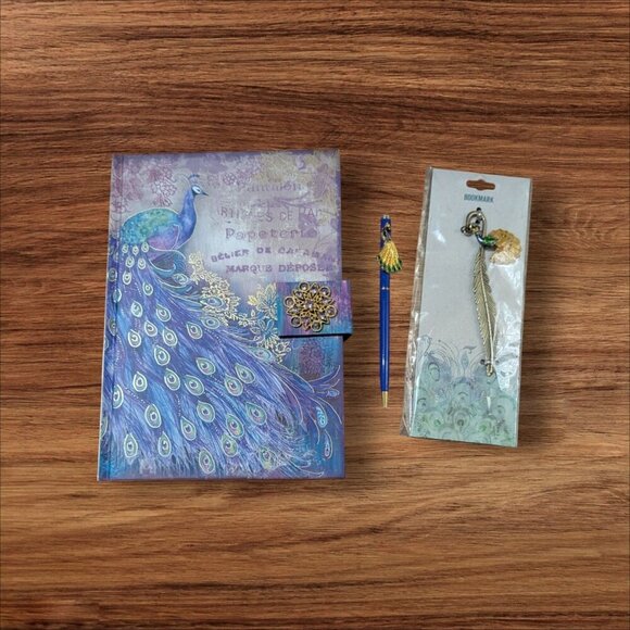 Punch Studio Peacock-Themed Journal 208 + Pages Pen & Metal Bookmark set Gift  n - Picture 1 of 8